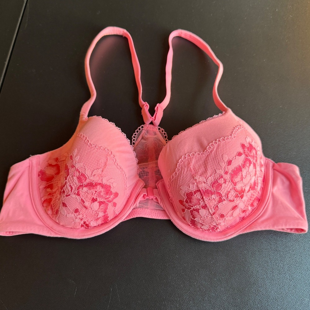 Victoria's Secret Bra 36B Pink Floral Lace Racerback Demi Front Close Barbiecore